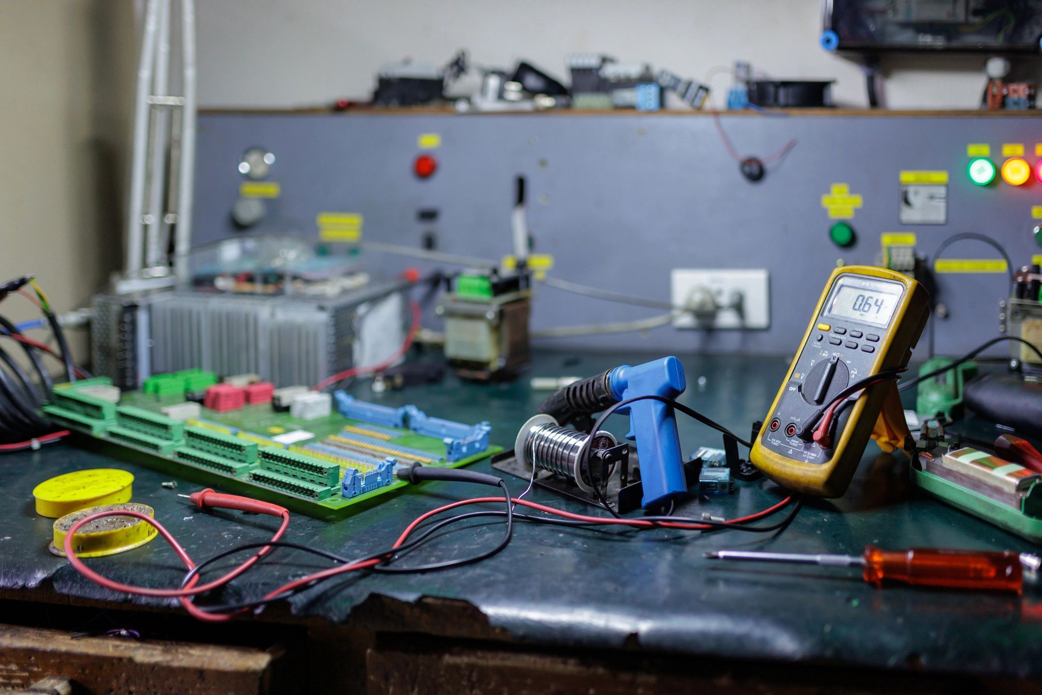 Technical installation workspace with electronics equipment